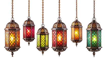 A group of vibrant ornate metal lanterns with colorful glass panels, isolated on transparent background