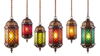 A group of vibrant ornate metal lanterns with colorful glass panels, isolated on transparent background