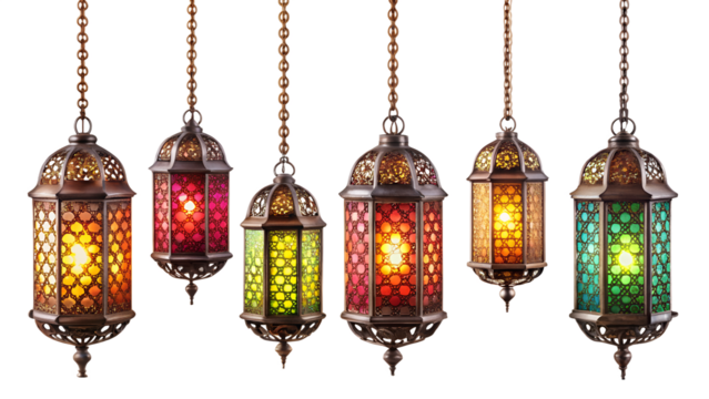 A group of vibrant ornate metal lanterns with colorful glass panels, isolated on transparent background