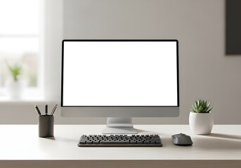Modern Computer Mockup on a White Desk with Plant and Window Light