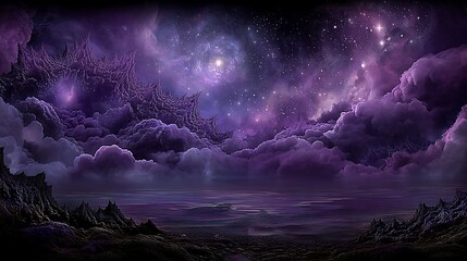 A mesmerizing purple cosmic landscape with swirling clouds and distant stars, evoking a sense of mystery and wonder.