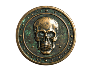 Old pirate bronze medallion coin with a skull in the middle isolated on transparent background.