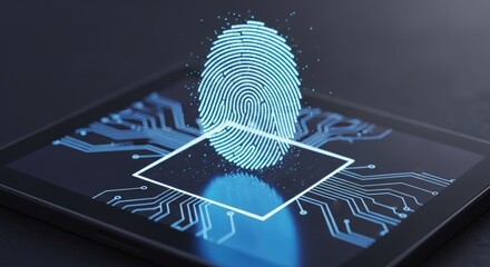 Fingerprint scanning on a tablet for security and identification, a modern technology concept for digital access and biometric authentication system