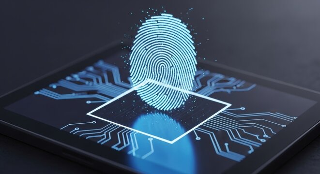 Fingerprint scanning on a tablet for security and identification, a modern technology concept for digital access and biometric authentication system