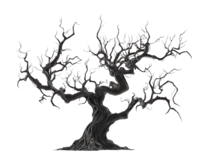 Horror tree with twisted branches shaped like claws on transparent background