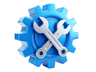 Blue gear with crossed wrenches symbolizing mechanics and repair