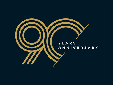 90 Years Anniversary design vector illustration. Unique 90 years logo design template. In gold color