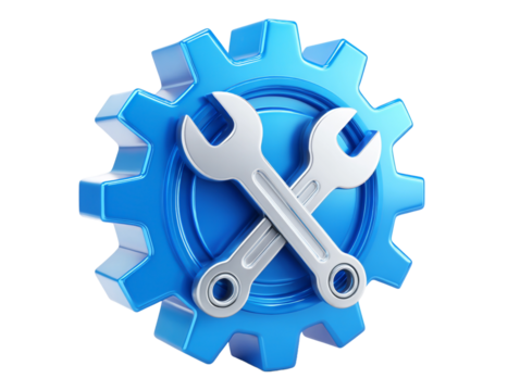 Blue gear with crossed wrenches symbolizing mechanics and repair