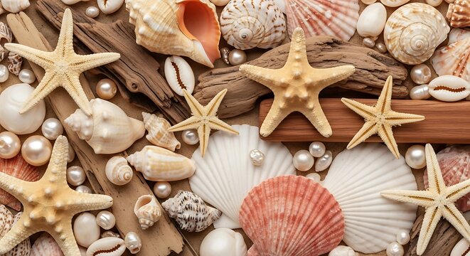 Assorted seashells and starfish closeup
