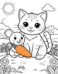 Cute cartoon cat and mouse with a carrot
