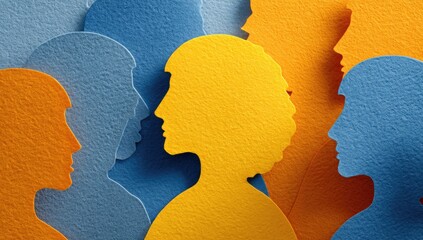 Profile paper cutouts of people, diverse colors, group discussion, social media concept