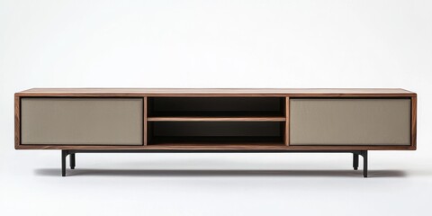 A sleek, modern walnut media console sits on a white surface. The console features a long, horizontal design with a dark wood finish and minimalist legs