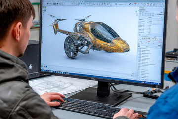 Engineers working on 3D CAD model of futuristic flying vehicle with propellers and wheels on computer screen, combining elements of car and aircraft in design workspace.