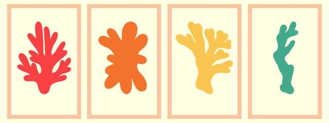 Vector Sea Coral Icon Set. Boho Seaweed, Reef Silhouettes. Matisse Style Ocean Simple Plant. Coastal Summer Beach Illustration for Print, Poster, Logo. Naive Art Coral Set. Reef, Algae Organic Shape.