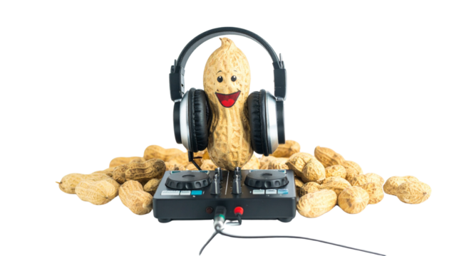 Happy peanut dj with headphones playing music isolated on solid white background