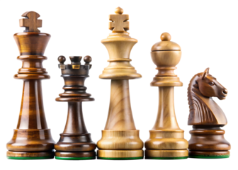 Row of chess pieces, including a king, a knight, a bishop, a rook, and a pawn isolated on white background ,PNG.AI Generated.