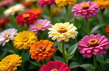 Close-up of colorful zinnia flowers in garden bed with green plants. Yellow, pink, white, orange, and red petals. Summer bloom. Vibrant blossom with detailed texture is for gardening theme.
