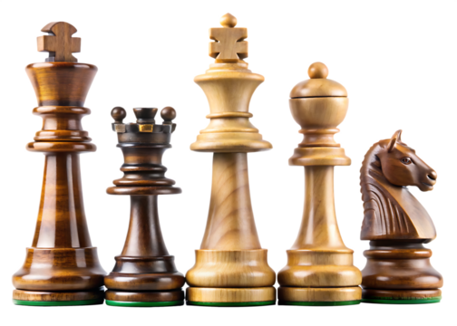  Row of chess pieces, including a king, a knight, a bishop, a rook, and a pawn isolated on white background ,PNG.AI Generated.