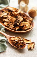 Dried mushrooms on wooden spoon and bowl, fresh mushrooms on grey table