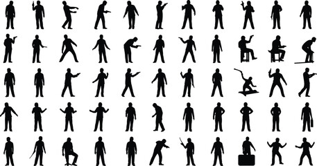 Silhouette people in various poses and activities, holding objects, sitting, standing, gesturing, vector design, crowd diversity, human figures, black outlines