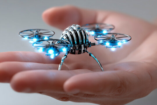 Futuristic miniature metallic drone with glowing blue lights resting on a human palm, featuring four rotors and robotic design.
