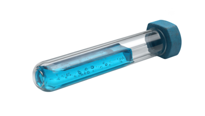 A tilted glass tube with blue liquid and a blue cap, isolated on black