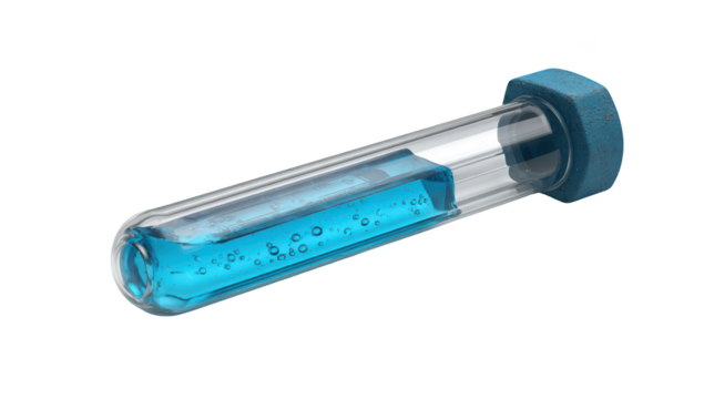 A tilted glass tube with blue liquid and a blue cap, isolated on black