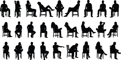 Silhouette people sitting in various poses on chairs, relaxed, casual, upright postures, vector design, human figures, lifestyle concept, black outlines