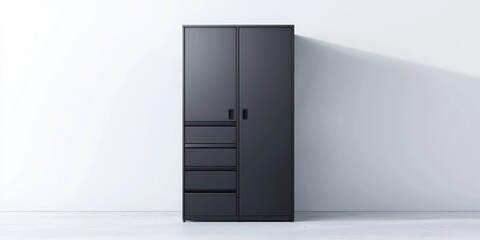 A tall, dark gray wardrobe stands prominently against a bright white wall. The wardrobe features two doors, each with a small black handle, and four drawers below. 