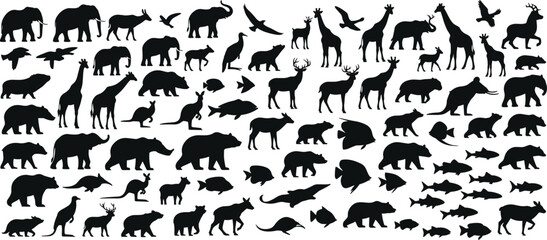 Silhouettes of diverse animals, wildlife species collection, elephants, giraffes, birds, fish, bears, deer, kangaroos, nature design, black outline figures