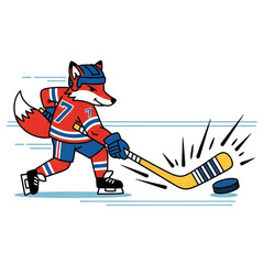 Obraz premium Cute Cartoon Fox Playing Hockey in Red and Blue Uniform on Ice Rink