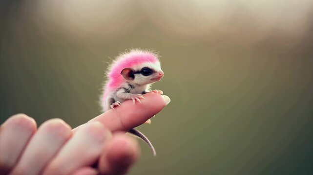 Adorable miniature fantasy animal with a punk pink mohawk perched on a fingertip. A cute and surreal imaginary pet concept.