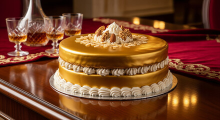 Fototapeta premium Elegant Golden Mirror Glazed Layer Cake with Whipped Cream and Nut Topping Perfect for Celebrations