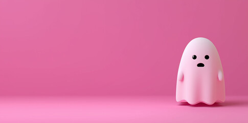 Cute pink ghost character on solid background.