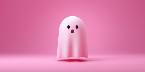 Cute pink ghost character on solid background.