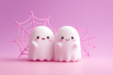 Two cute pink ghost figurines with smiling faces standing against a pink background with spider web decorations.