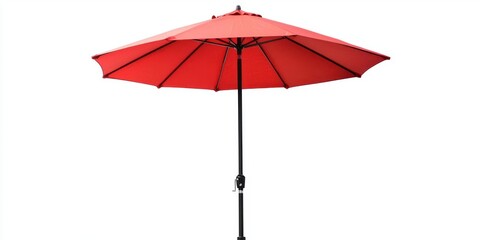 Fototapeta premium A vibrant red patio umbrella stands alone against a white background. The umbrella has a round canopy with multiple ribs extending upwards to a black pole. 