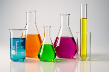 Colorful laboratory glassware filled with vibrant liquids against a clean backdrop, ready for experiments.