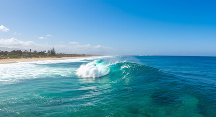 Powerful Turquoise Ocean Wave Breaking on Tropical Beach under Clear Blue Sky