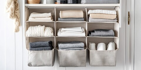 A closet organizer hangs on a white closet door, displaying neatly folded clothes and shoes in nine fabric bins. The bins are filled with various items including scarves, sweaters, socks,