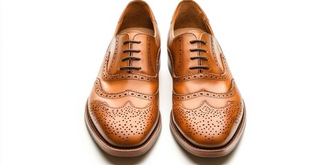 A pair of brown leather brogue shoes are displayed on a white surface. The shoes have a classic design with a wingtip shape and decorative perforations. 