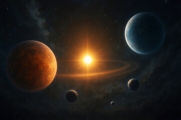A stunning visualization of a vibrant solar system with planets and a bright star.