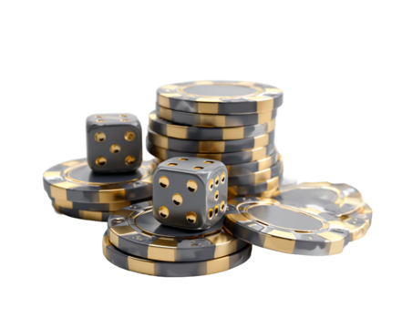Stacks of casino chips and dice on a black background