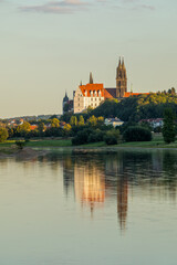 Romantic Sunset at Albrechtsburg Castle Reflected in the Elbe River