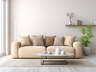 Modern beige sofa with pillows and coffee table in minimalist living room interior.