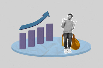 Full sketch image 3d photo collage of happy businessman businesswoman stand arrow progress coin...
