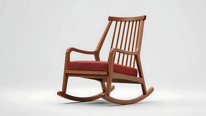 Elegant wooden rocking chair with red cushion isolated on white background