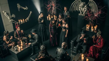 Group of people in stylish gothic and halloween costumes enjoying party. Young people dressed as vampires and mystical creatures at theme event.