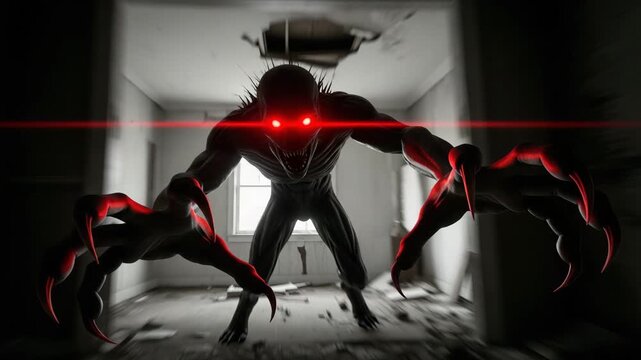 A terrifying monster with glowing red eyes, jumping out of the darkness. A fantastic creature with sharp claws and spikes, running towards the viewer along the corridor.