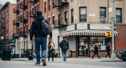 Obraz premium Back view of man walking in urban street 